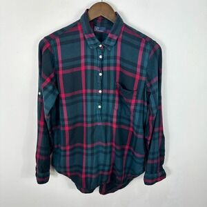 GAP Plaid Popover Shirt L Green Red Cotton Lightweight Grunge Indie Preppy